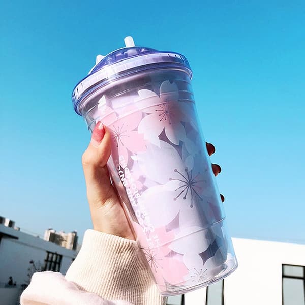 480 ml Sakura plastmugg med sugrör och lock BPA-fri dubbelvägg - Perfekt Pink