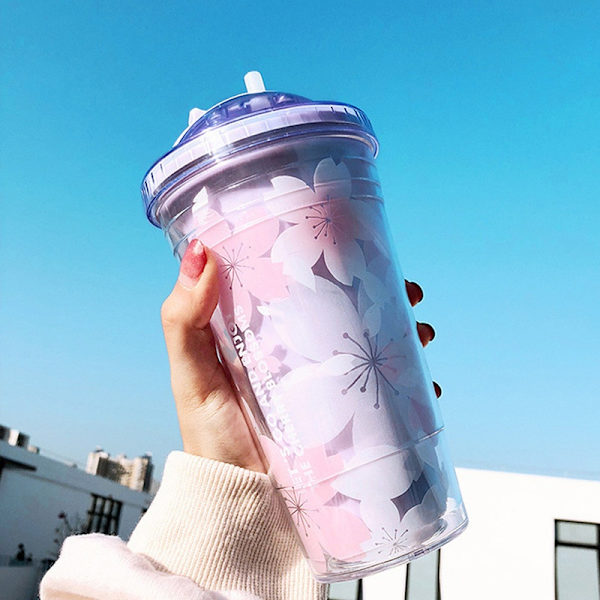 480 ml Sakura plastmugg med sugrör och lock BPA-fritt dubbelval - Perfet Pink