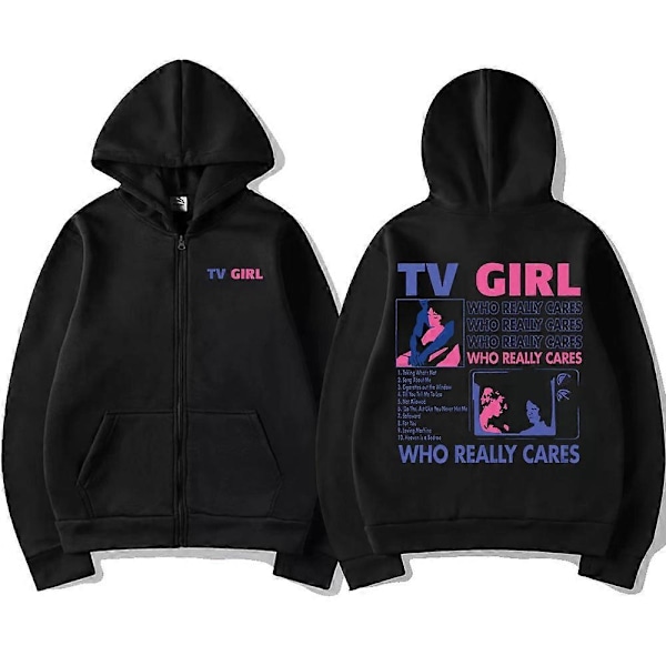TV Girl Who Really Cares -graafinen vetoketjullinen huppari miehille ja naisille, muodikas, rento, ylisuuri vetoketjutakki, fleece-collegepaita miehille - Perfet LLM-Black-Z03633 XL