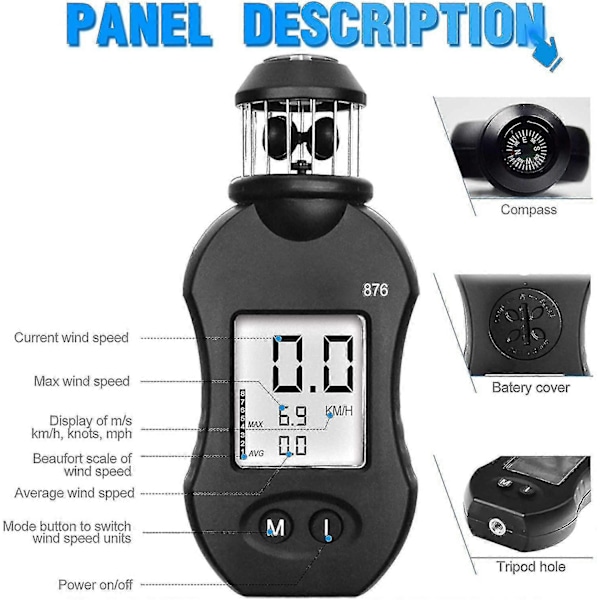 Digital Anemometer, Yf-876 Anemometer, för mätning av vindhastighet/temperatur, vindriktningsindikator - Perfekt