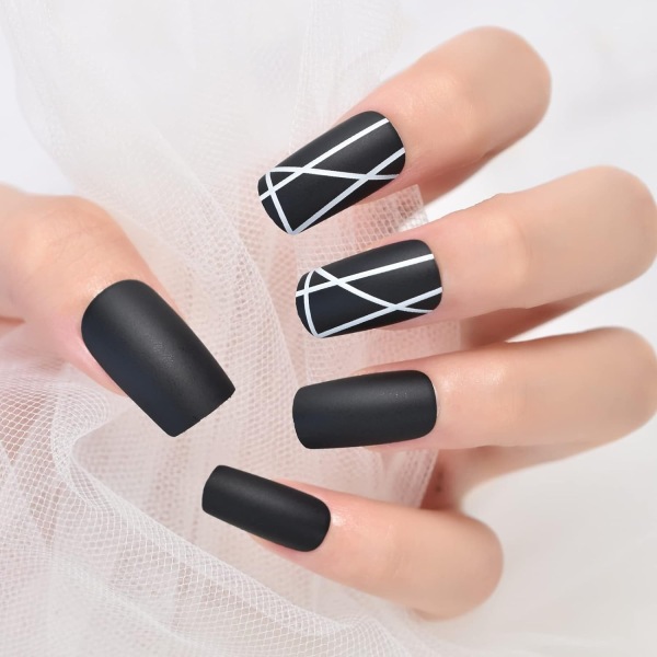 Black White Line Matt Press on False Nails Medium Leng - Perfet