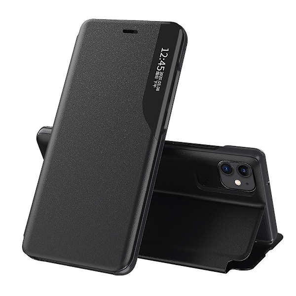 Sidodisplay Läderfodral Kompatibelt med iPhone 15 Plus-Perfet Black