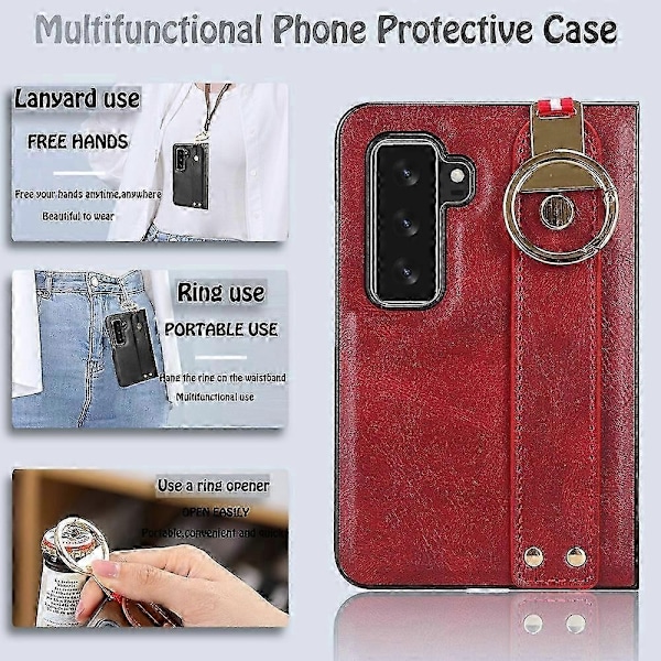 Kompatibel med Microsoft Surface Duo 2 Læderbelagt Telefon Cover PC+TPU Armbånds Etui med Halsrem - Perfekt Red