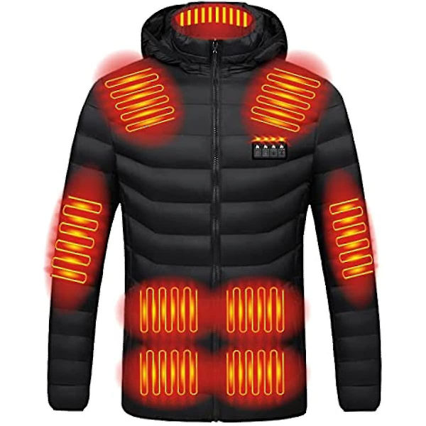 Oppvarmet jakke for menn og kvinner med hette - Varm, vindtett, USB-oppladbar elektrisk oppvarmet jakke - Perfekt Black XL