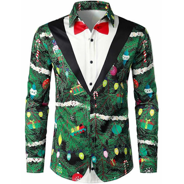 Herrar Business Casual Långärmad Skjorta Glimmande Guldträdälg Tryck Julskjorta-Perfekt green5 4XL