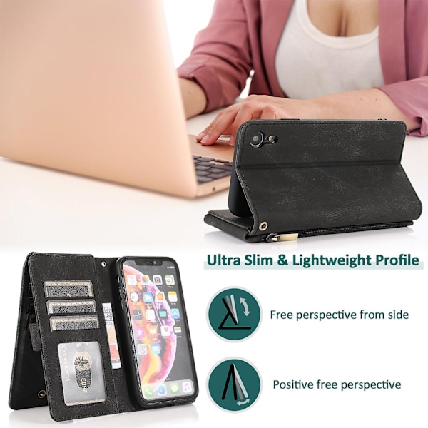 Kompatibel med iPhone Xr Cover, 8 Kort Slots Retro Læder Wallet Stødsikkert Flip Kickstand Cover med Lynlåslomme-Perfet Black