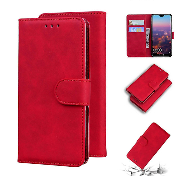 Yhteensopiva Huawei P20 kanssa, ihon tuntuinen, puhdasvärinen, läppä nahkainen puhelinkotelo - Perfet Red