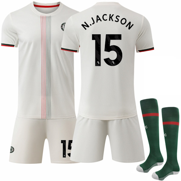 Chelsea vierasasu 2025-2026, lasten ja aikuisten jalkapallopaita (sisältää sukat) - Perfet No.15 N.JACKSON 22