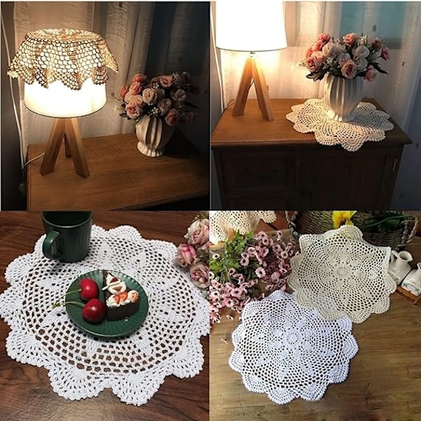 Käsintehty virkattu puuvillainen pitsiliina, pyöreä, valkoinen, 16 I- Perfet 40cm round