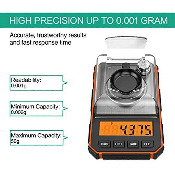 Finvekt 0.001G, Digital Milligramvekt 50G / 0.001G, Digital Lommevekt med LCD-skjerm, Lab-Perfet