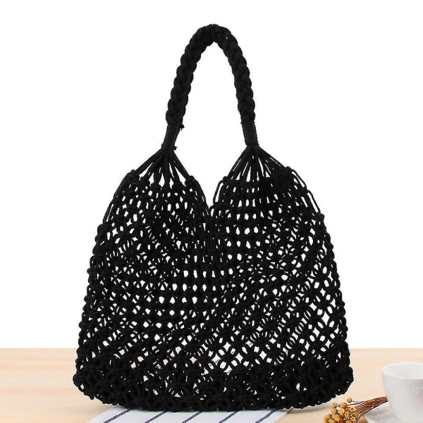 Kvinder Halm Håndvævet Skuldertaske Bøtte Sommer Tote Clutch Tasker Strand Hav Vævet Håndlavet Væve Håndtaske - Perfet black