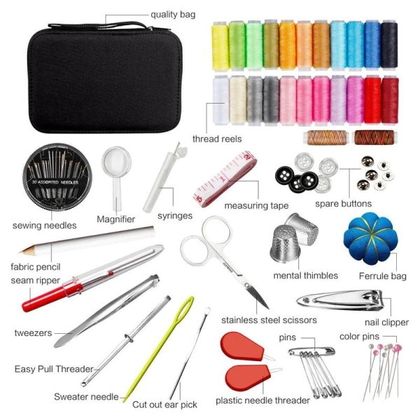 Sysett med tråd, nåler, saks, målebånd, sprinkler etc. - 98 deler - Perfet multicolor