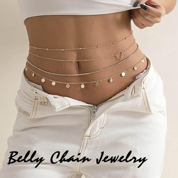 Guld taljekædesæt Glitter Rhinestone Body Chains Pearl Belly-Perfet