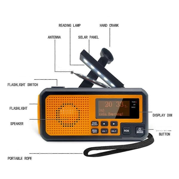 DAB373BT Kammen pyöritysradio +FM BT Hätäradio 5000 mAh Akulla Aurinkoenergialla Herätyskellolla Blackout E-Perfet