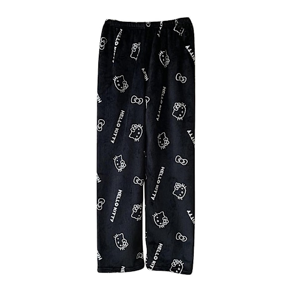Kawaii Pyjamas för Kvinnor och Flickor - Cartoon Hello Kitty All Over Print Flanell Jul Anime Mjuka Sovpysjamas Byxor - Perfekt Black XL
