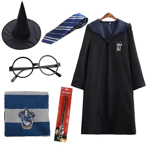 7-osainen taikurivelho Harry Potter Cosplay-puku, viitta, viitta, Tylypahkan koulupuku - Perfet 6Pcs Blue Aldut XL