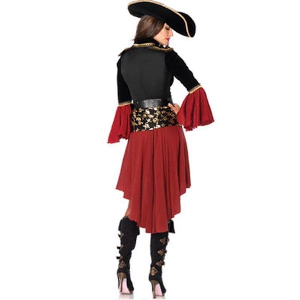Kvinders 3-delt Cruel Seas Pirate Captain Kjole Kostume med Fastgjort Sash, Bælte, Hat, Sort/Burgunder-Perfet M
