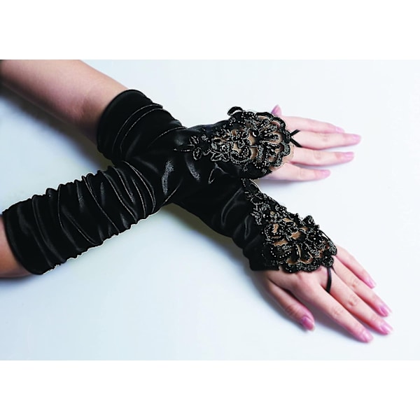 Svarta handskar, långa handskar, 1920-tals accessoarer, damkläder, fingervantar, 20-tals accessoarer, klassiska satinhandskar till armbågen (s12)-Perfet