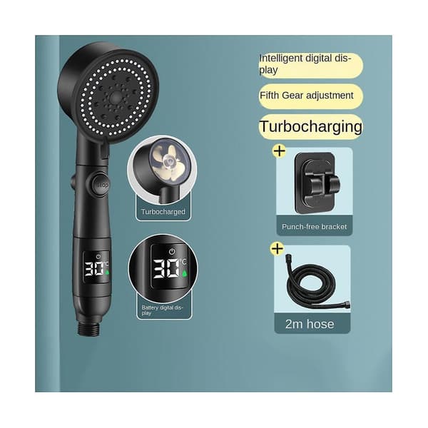 5-läges Justerbar Temperatur Digital LED-Display Duschhuvud Uppgraderad Motorversion Turboladdad R-Perfet