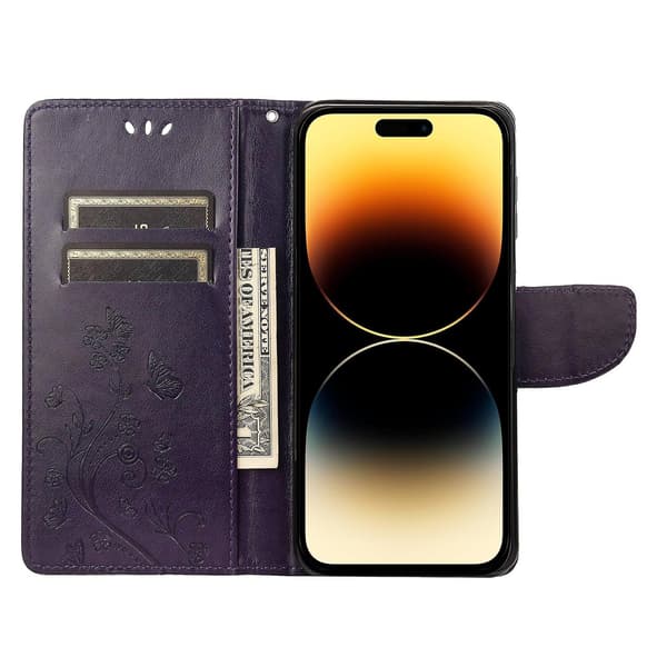 Butterfly Flower PU Etui Kompatibelt med iPhone 14 Pro-Perfet Deep Purple