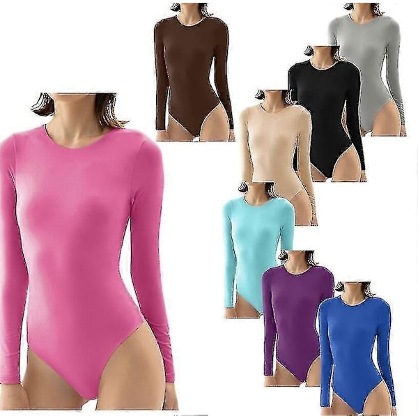 Dam Leotard med Lång Ärm, Bodycon, Rund Halsringning, Jumpsuit, Topp - Yvan-Perfet Pink XL