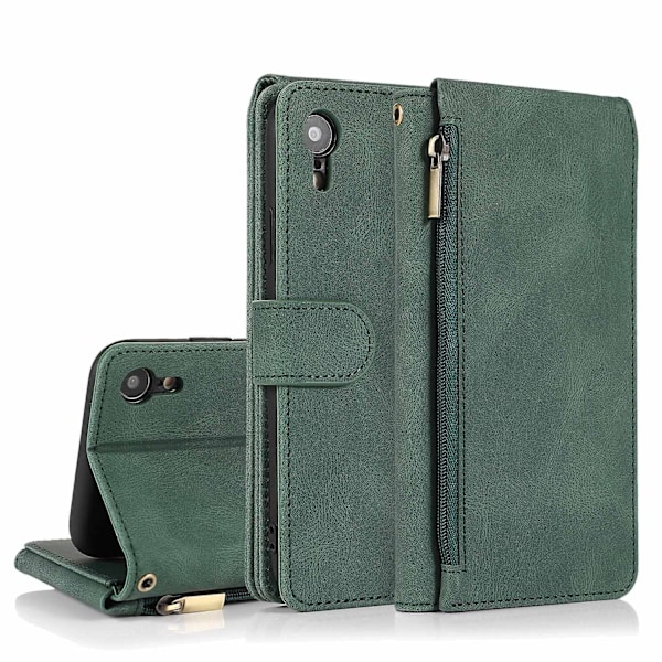 Kompatibel med iPhone Xr Cover, 8 Kort Slots Retro Læder Wallet Stødsikkert Flip Kickstand Cover med Lynlåslomme-Perfet Green