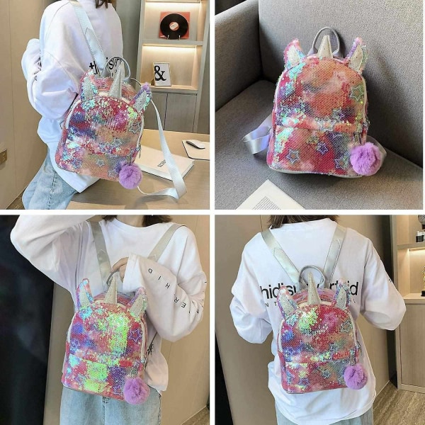 Girls ryggsäck med paljetter Unicorn skolväska Slitstark reseryggsäck - Perfet colorful2