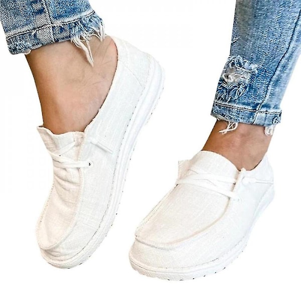 Dames Pumps Flats Bådsko Slip On Casual Loafers AMS-Perfet White 37