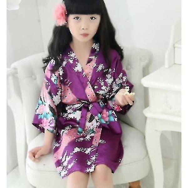 Børn Børn Satin Silke Morgenkjole Kimono Brudepige Natkjole Morgenkåbe A - Perfet Purple 6 100cm