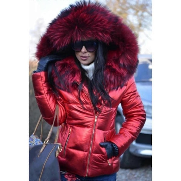 Dame Vinter Kunstig Pels Hætte Puffer Dunjakke Lady Tyk Quiltet Polstret Jakke Lynlås Parka-Perfet red XXL