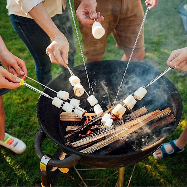 Marshmallowpinnar med trähandtag, infällbara gafflar, set om 6, 81 cm, infällbara spett, perfekt för lägerelden