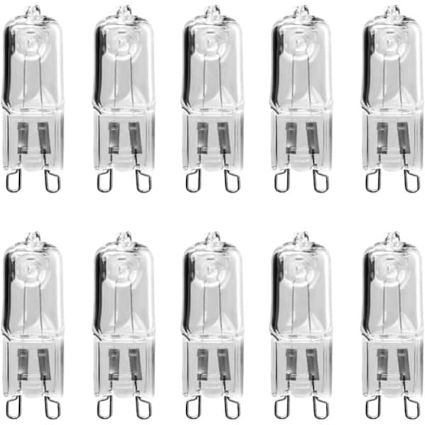 10-pakning G9 halogenpærer, 230V, 20W, varmhvitt lys, egnet for taklamper og bordlamper