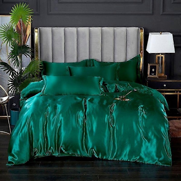 Minglan Enfärgad sängkläder i sidenimitation, högkvalitativt satäng sänglinne påslakan örngott set i fyra delar - Perfet emerald green 220x240cm 4pcs