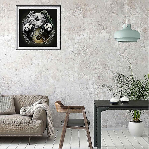 Laadukas 5D timanttimaalaussarja, Yin Yang Panda/Lohikäärme/Riikinkukko/Norsu DIY täysi pyöreä timantti, kodin seinäkoriste 30x30cm - Täydellinen E - Panda