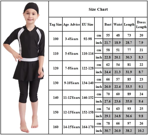 Flickbadkläder Barn Badkläder Modest Burkini Set Simning Strand - Perfet Black 160