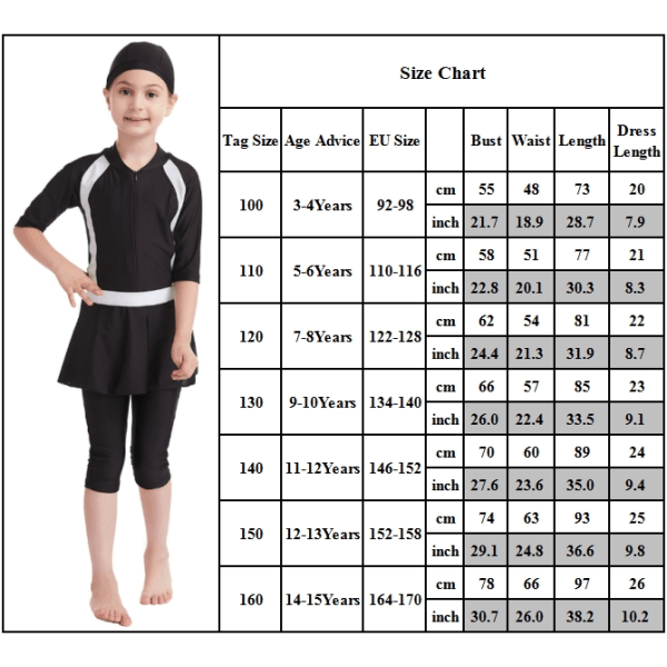 Perfekta flickor Badkläder Barn Badkläder Modest Burkini Set Swimming Beach - Perfet Black 160