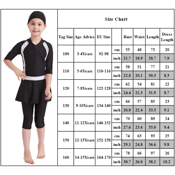 Piger Badetøj Børne Badetøj Modest Burkini Set Swimming Beach - Perfet Black 160
