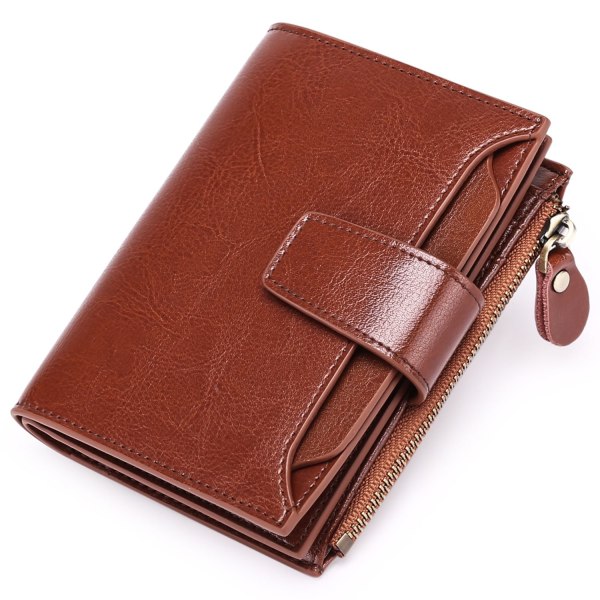 Röd liten plånbok för kvinnor Kompakt blockerande liten plånbok för kvinnor i äkta läder brown