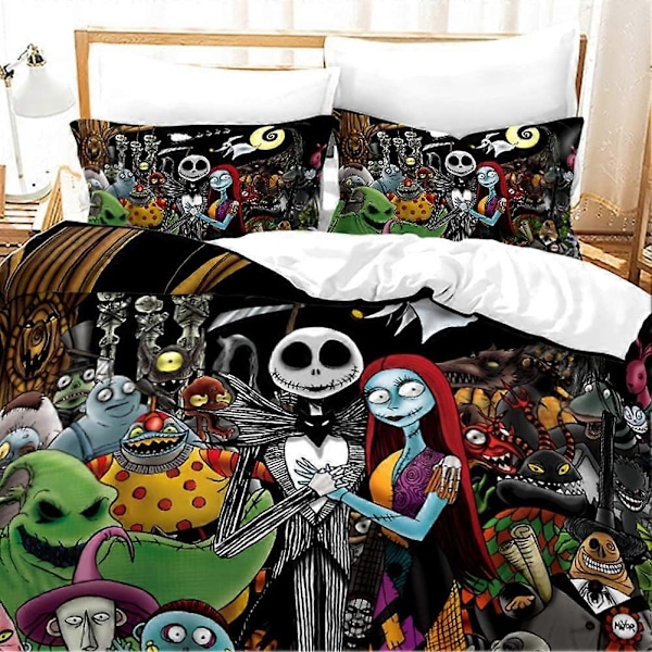 i292 Nightmare Before Christmas Täcke Set, Jack och Sally Alla Hjärtans Dag Ros Dekor, Mikrofiber Sängkläder Set med Kuddfodral 3 st 240x260cm 94x102in