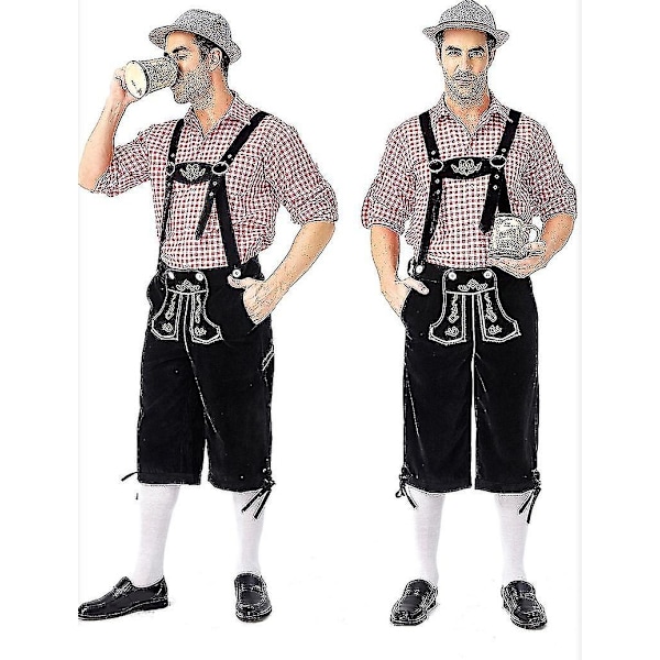 Traditionell Oktoberfestdräkt för män - Rutiga Skjorta, Broderade Byxor och Hatt - Perfekt red M