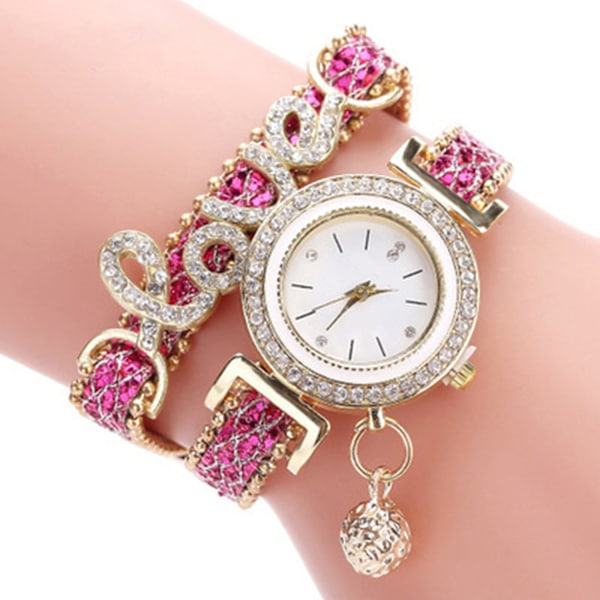 Kvinnor Armband Klockor Ladies Love Läderrem Strass Quartz Watch Rose Red