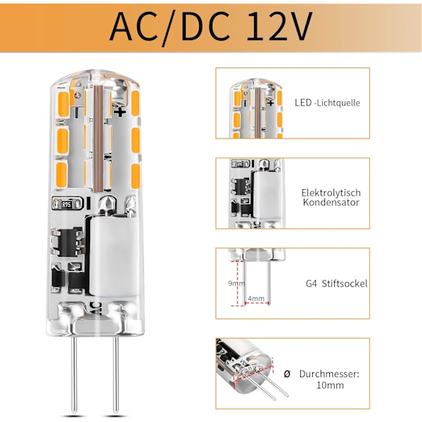 10x G4 LED-lys 12V AC/DC Varm hvid 3000K2W, Ikke-dæmpbart lys - Perfet