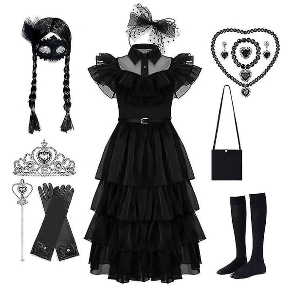 Onsdag Addams-kjole Cosplay-kostyme Barnejenter Fest Svarte kjoler Onsdag Halskjede Maske Parykk (gratis frakt) - Perfet only Mask 140cm