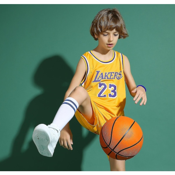Lakers #23 Lebron James Jersey No.23 Basketball Uniform Set Kids - Perfet Yellow XS (110-120cm)