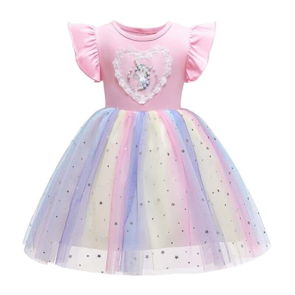 Kids Girls Ruffle Unicorn Princess Dress Rainbow Tutu Dress - Perfet Pink