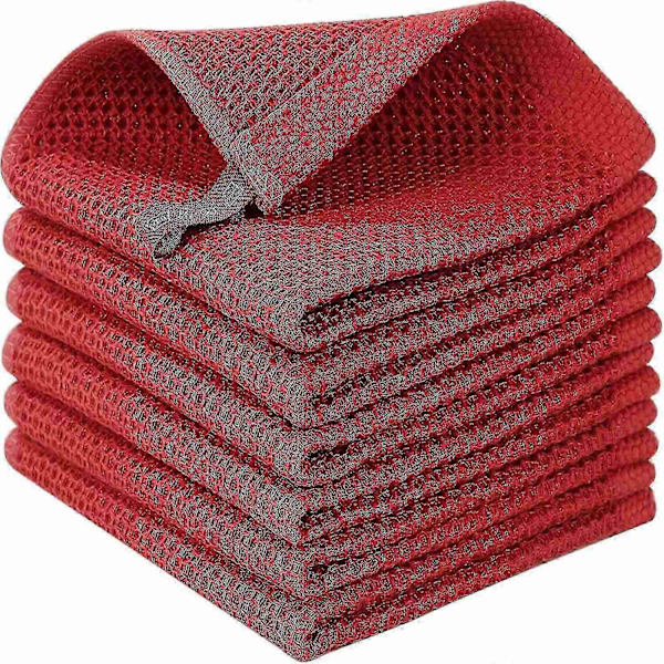 6-pack 100% Bomull Frotté Köksdukar - Hängögla för Disk och Köksrengöring - Perfekt Red 34*34cm