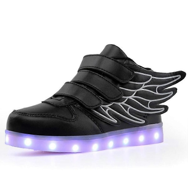 LED Lysende Hi-top Sko med Vinge USB Genopladelige Blinkende Sneakers til Småbørn Børn Drenge Piger - Perfekt Black 32