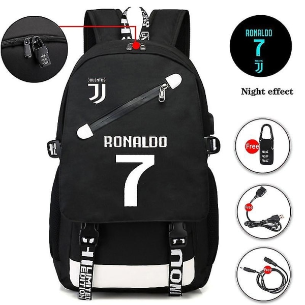 Ronaldo USB Rygsæk Skoletaske Til Teenage Fodbold Rygsæk - Perfet