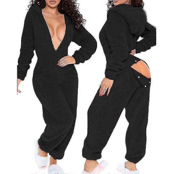 En-delt pyjamas lang varm børstet en-delt - Perfet black s