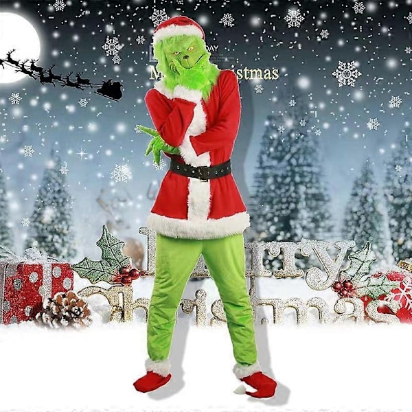 7 dele Grinch Kostume Julecosplay Voksen Julemand Kostume Outfits Sæt + Maske A-Perfet A M